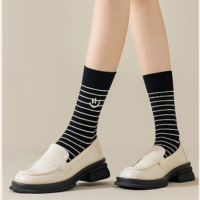 3 Pairs Women's Casual Crew Socks Assorted Patterns Striped Polka Dot and Bow Embroidery