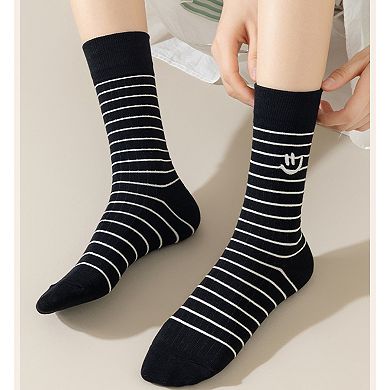 3 Pairs Women's Casual Crew Socks Assorted Patterns Striped Polka Dot and Bow Embroidery