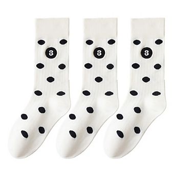 3 Pairs Women's Casual Crew Socks Assorted Patterns Striped Polka Dot and Bow Embroidery