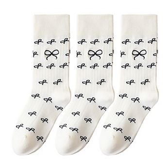 3 Pairs Women's Casual Crew Socks Assorted Patterns Striped Polka Dot and Bow Embroidery
