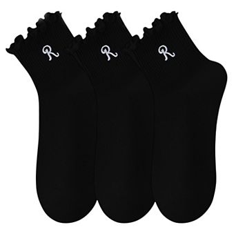 3-Pack Women's Crew Socks with Ruffle Lettuce Edge Trim and Delicate Embroidered Detail