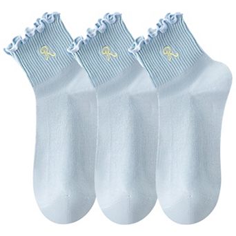 3-Pack Women's Crew Socks with Ruffle Lettuce Edge Trim and Delicate Embroidered Detail