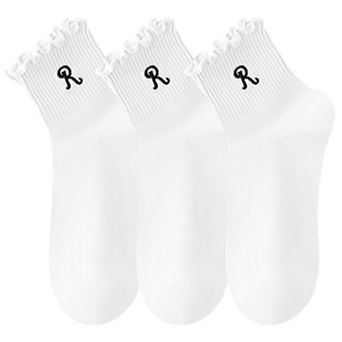 3-Pack Women's Crew Socks with Ruffle Lettuce Edge Trim and Delicate Embroidered Detail
