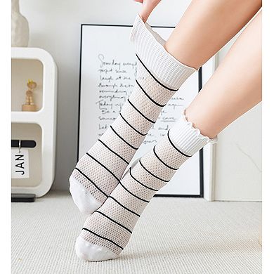 3 Pairs Women's Sheer Mesh Socks with Bow and Stripe Patterns and Ruffled Cuff