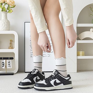 3 Pairs Women's Sheer Mesh Socks with Bow and Stripe Patterns and Ruffled Cuff