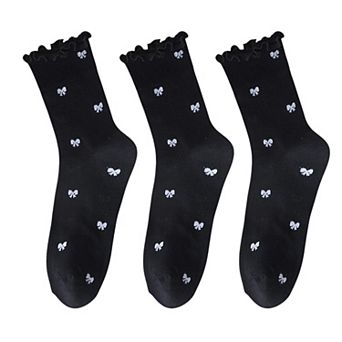 3 Pairs Women's Sheer Mesh Socks with Bow and Stripe Patterns and Ruffled Cuff