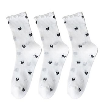 3 Pairs Women's Sheer Mesh Socks with Bow and Stripe Patterns and Ruffled Cuff
