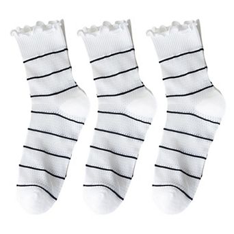 3 Pairs Women's Sheer Mesh Socks with Bow and Stripe Patterns and Ruffled Cuff
