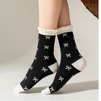 3 Pairs Women's Mid-Calf Socks with Bow Pattern and Ruffled Cuff