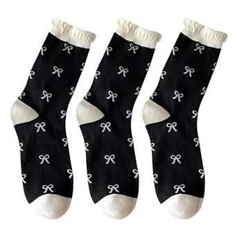 3 Pairs Women's Mid-Calf Socks with Bow Pattern and Ruffled Cuff