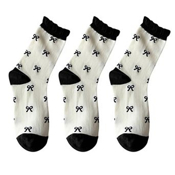 3 Pairs Women's Mid-Calf Socks with Bow Pattern and Ruffled Cuff