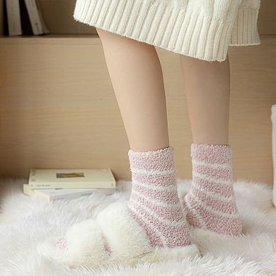 3 Pairs Plush Crew Socks with Cozy Striped Design