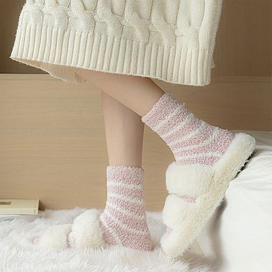 3 Pairs Plush Crew Socks with Cozy Striped Design