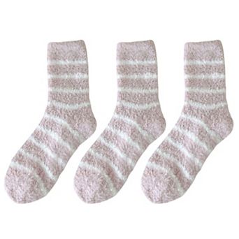 3 Pairs Plush Crew Socks with Cozy Striped Design
