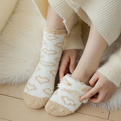 3 Pairs Cozy Fluffy Crew Socks with Heart Pattern Design for Women