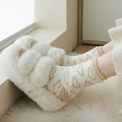 3 Pairs Cozy Fluffy Crew Socks with Heart Pattern Design for Women