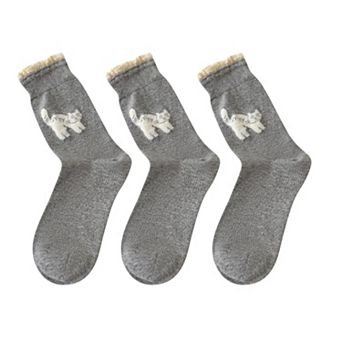 3-Pack Women's Cotton Crew Socks with Embroidered Cat and Lace Trim Cuff