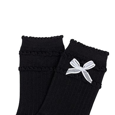3-Pack Women's Cotton Crew Socks with Ribbed Knit, Satin Bow Accents
