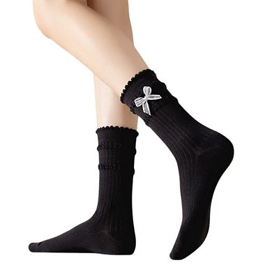 3-Pack Women's Cotton Crew Socks with Ribbed Knit, Satin Bow Accents