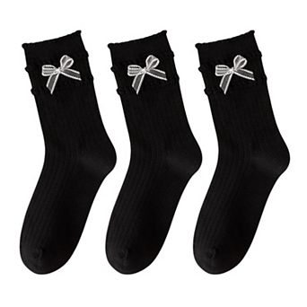3-Pack Women's Cotton Crew Socks with Ribbed Knit, Satin Bow Accents