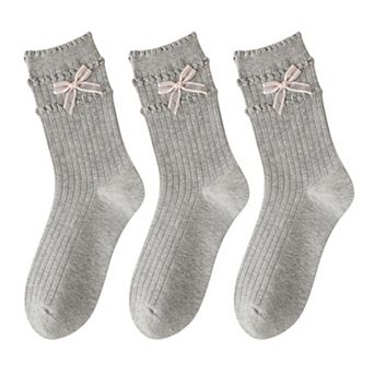 3-Pack Women's Cotton Crew Socks with Ribbed Knit, Satin Bow Accents