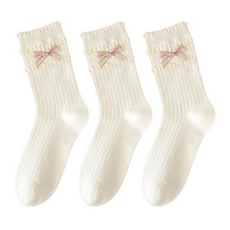 3-Pack Women's Cotton Crew Socks with Ribbed Knit, Satin Bow Accents