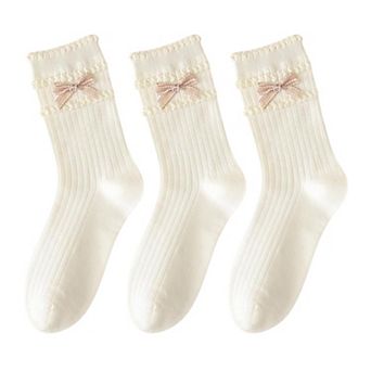3-Pack Women's Cotton Crew Socks with Ribbed Knit, Satin Bow Accents
