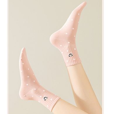 3 Pairs Women's Crew Socks with Polka Dot Pattern and Panda Embroidery