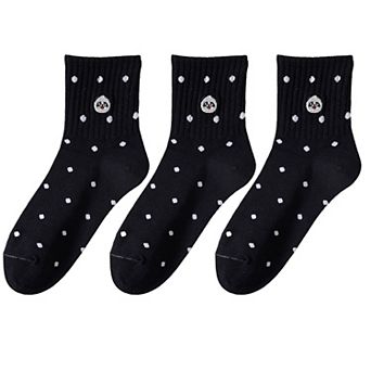 3 Pairs Women's Crew Socks with Polka Dot Pattern and Panda Embroidery