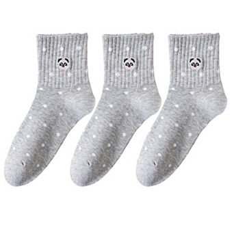 3 Pairs Women's Crew Socks with Polka Dot Pattern and Panda Embroidery