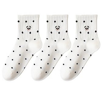 3 Pairs Women's Crew Socks with Polka Dot Pattern and Panda Embroidery