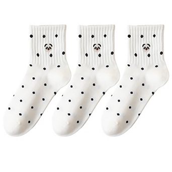 3 Pairs Women's Crew Socks with Polka Dot Pattern and Panda Embroidery