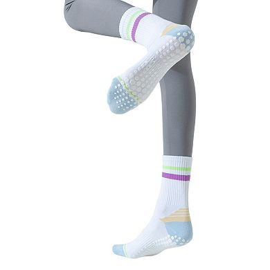 3-Pack Women's Cotton Crew Socks with Color Block Toes Striped Cuffs and Non-Slip Grip Soles