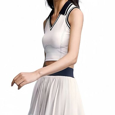 Women's Sleeveless Cropped Tennis Top with Contrast Collar and V-Neckline