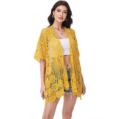 Women's Open Front Crochet Cover-Up with Floral Pattern and Short Sleeves