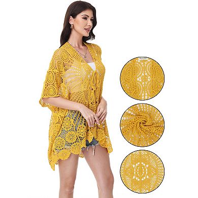 Women's Open Front Crochet Cover-Up with Floral Pattern and Short Sleeves