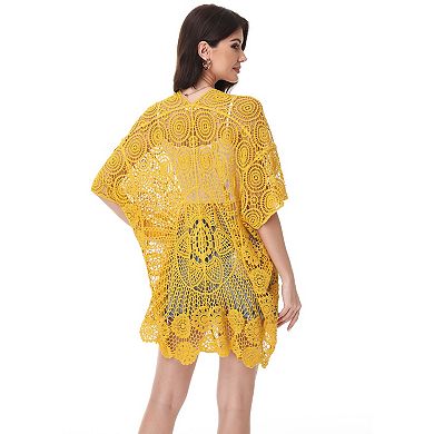 Women's Open Front Crochet Cover-Up with Floral Pattern and Short Sleeves