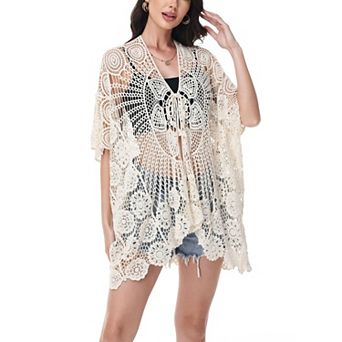 Women's Open Front Crochet Cover-Up with Floral Pattern and Short Sleeves