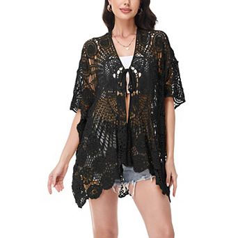 Women's Open Front Crochet Cover-Up with Floral Pattern and Short Sleeves