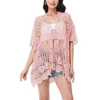 Women's Open Front Crochet Cover-Up with Floral Pattern and Short Sleeves