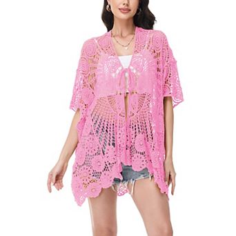 Women's Open Front Crochet Cover-Up with Floral Pattern and Short Sleeves