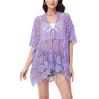 Women's Open Front Crochet Cover-Up with Floral Pattern and Short Sleeves