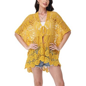 Women's Open Front Crochet Cover-Up with Floral Pattern and Short Sleeves