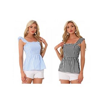 2 Packs Gingham Peplum Top for Women Summer Square Neck Sleeveless Plaid Blouse