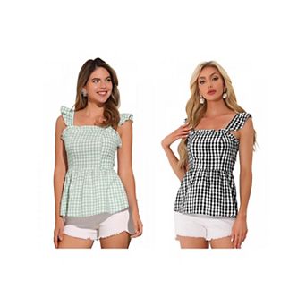 2 Packs Gingham Peplum Top for Women Summer Square Neck Sleeveless Plaid Blouse