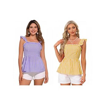 2 Packs Gingham Peplum Top for Women Summer Square Neck Sleeveless Plaid Blouse