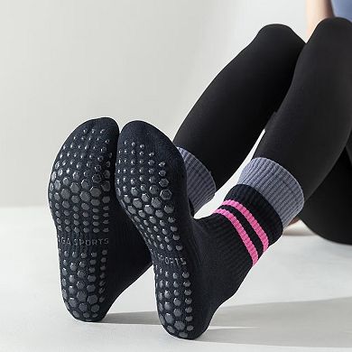 3-Pair Mid-Calf Grip Bottom Socks with Striped Cuff and Soft Ribbed Knit for Everyday Comfort