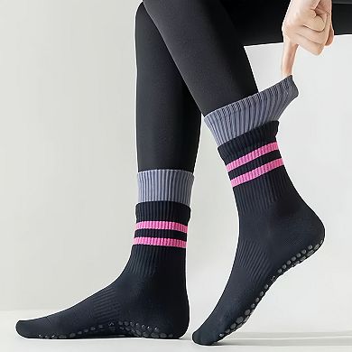 3-Pair Mid-Calf Grip Bottom Socks with Striped Cuff and Soft Ribbed Knit for Everyday Comfort