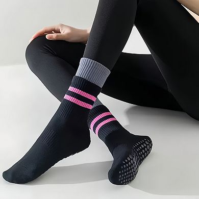 3-Pair Mid-Calf Grip Bottom Socks with Striped Cuff and Soft Ribbed Knit for Everyday Comfort