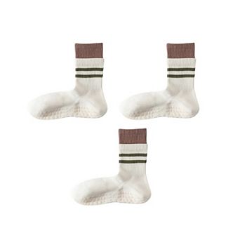 3-Pair Mid-Calf Grip Bottom Socks with Striped Cuff and Soft Ribbed Knit for Everyday Comfort